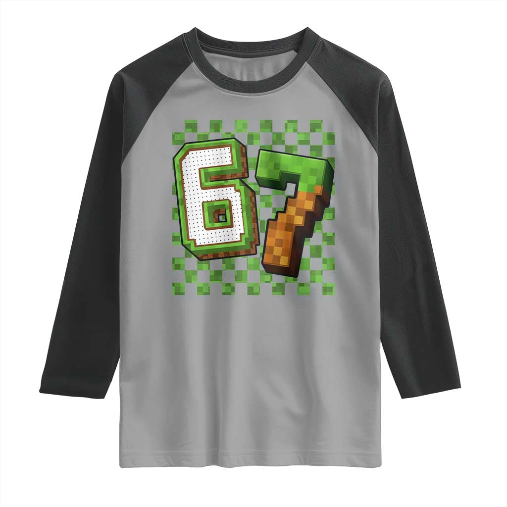 Funny 67 Pixel Style Graphic Raglan Shirt Viral Six Seven Meme Gamer TS02 Sport Gray Black Print Your Wear