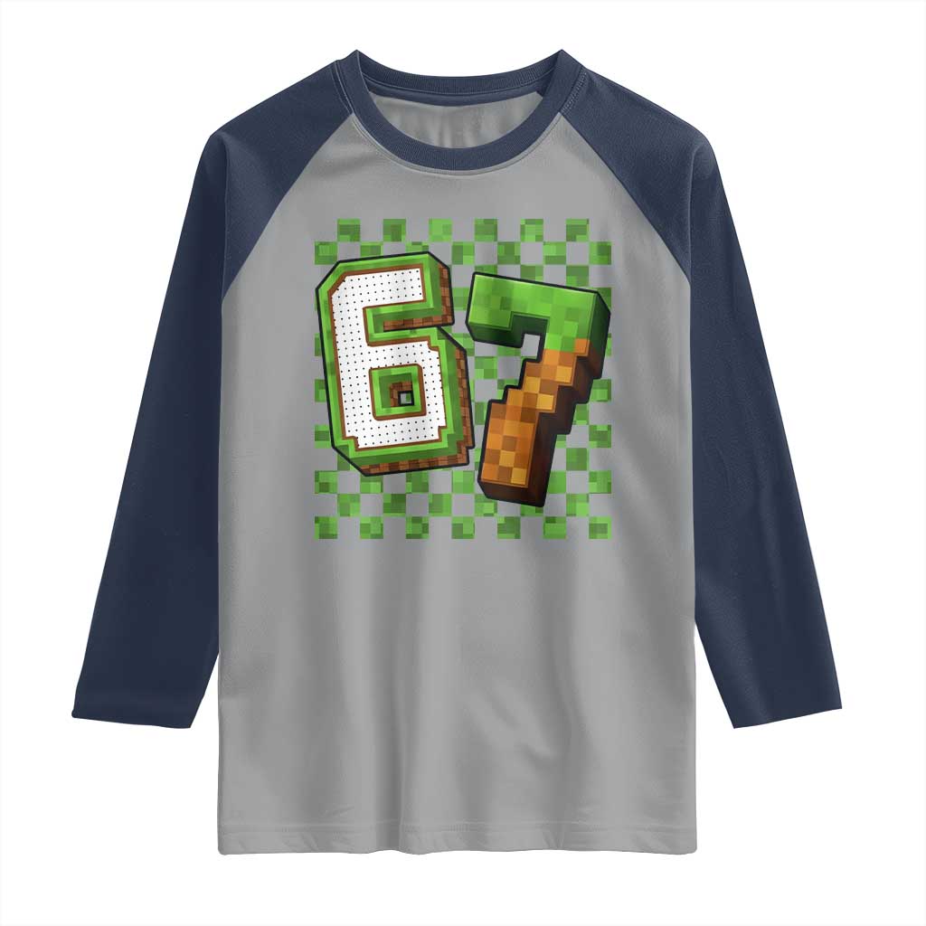 Funny 67 Pixel Style Graphic Raglan Shirt Viral Six Seven Meme Gamer TS02 Sport Gray Navy Print Your Wear