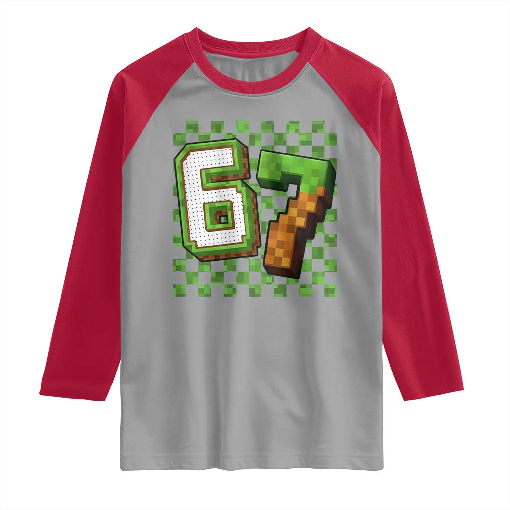 Funny 67 Pixel Style Graphic Raglan Shirt Viral Six Seven Meme Gamer TS02 Sport Gray Red Print Your Wear