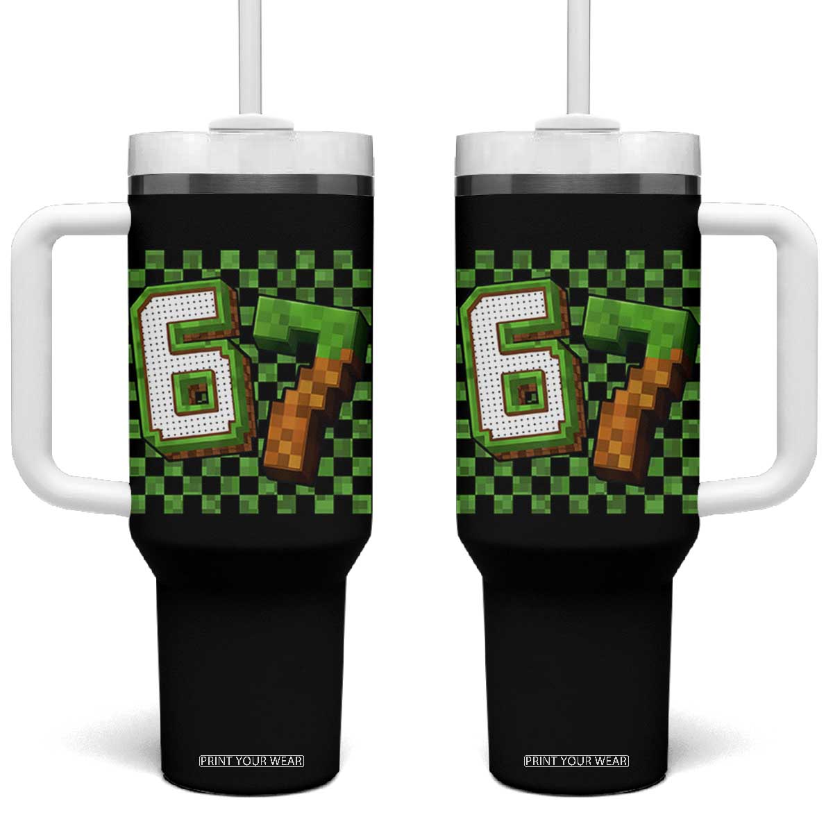 Funny 67 Pixel Style Graphic Tumbler With Handle Viral Six Seven Meme Gamer TS02 One Size: 40 oz Black Print Your Wear