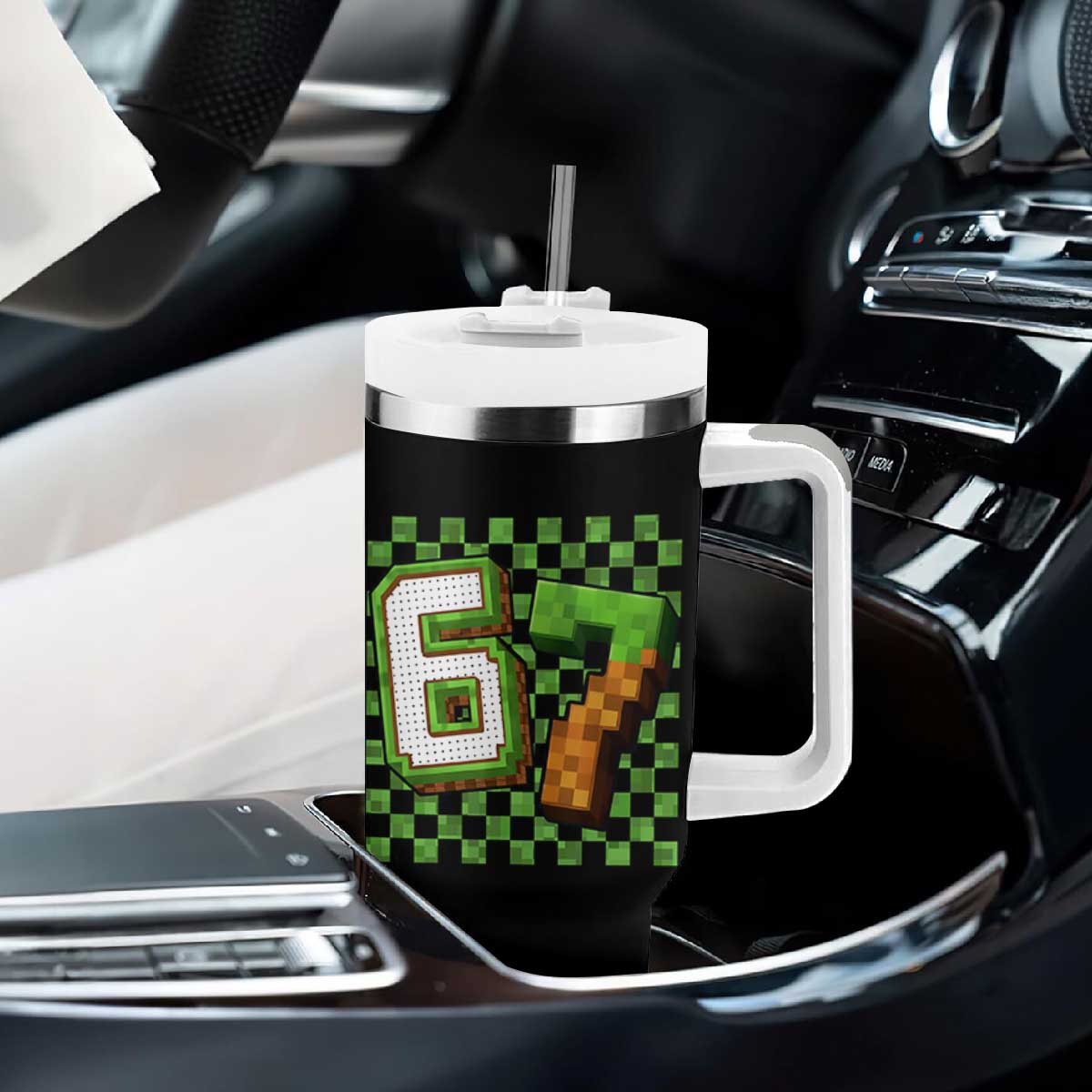 Funny 67 Pixel Style Graphic Tumbler With Handle Viral Six Seven Meme Gamer TS02 Print Your Wear