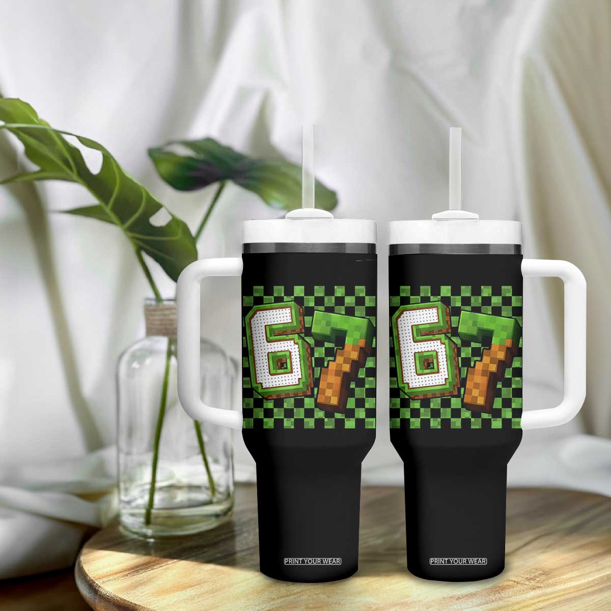 Funny 67 Pixel Style Graphic Tumbler With Handle Viral Six Seven Meme Gamer TS02 Print Your Wear