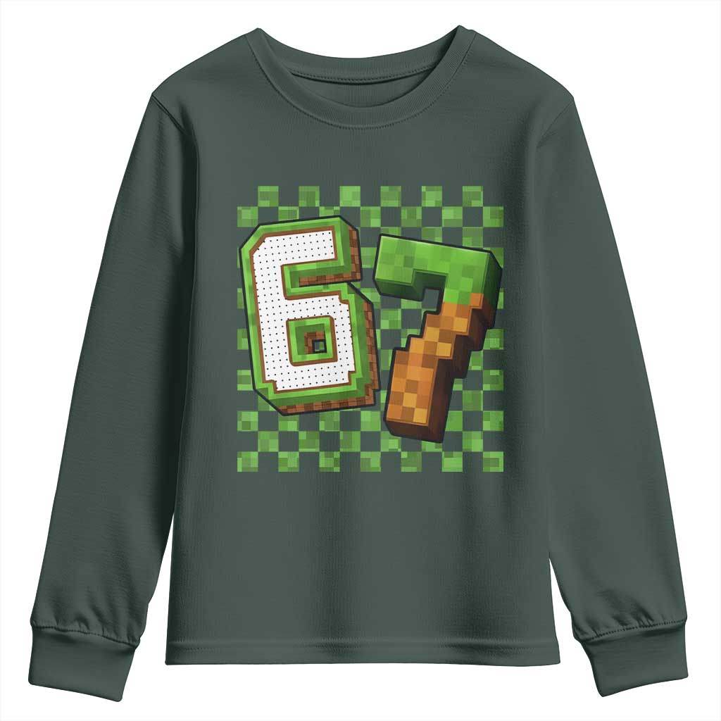 Funny 67 Pixel Style Graphic Youth Sweatshirt Viral Six Seven Meme Gamer TS02 Dark Forest Green Print Your Wear