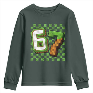 Funny 67 Pixel Style Graphic Youth Sweatshirt Viral Six Seven Meme Gamer TS02 Dark Forest Green Print Your Wear