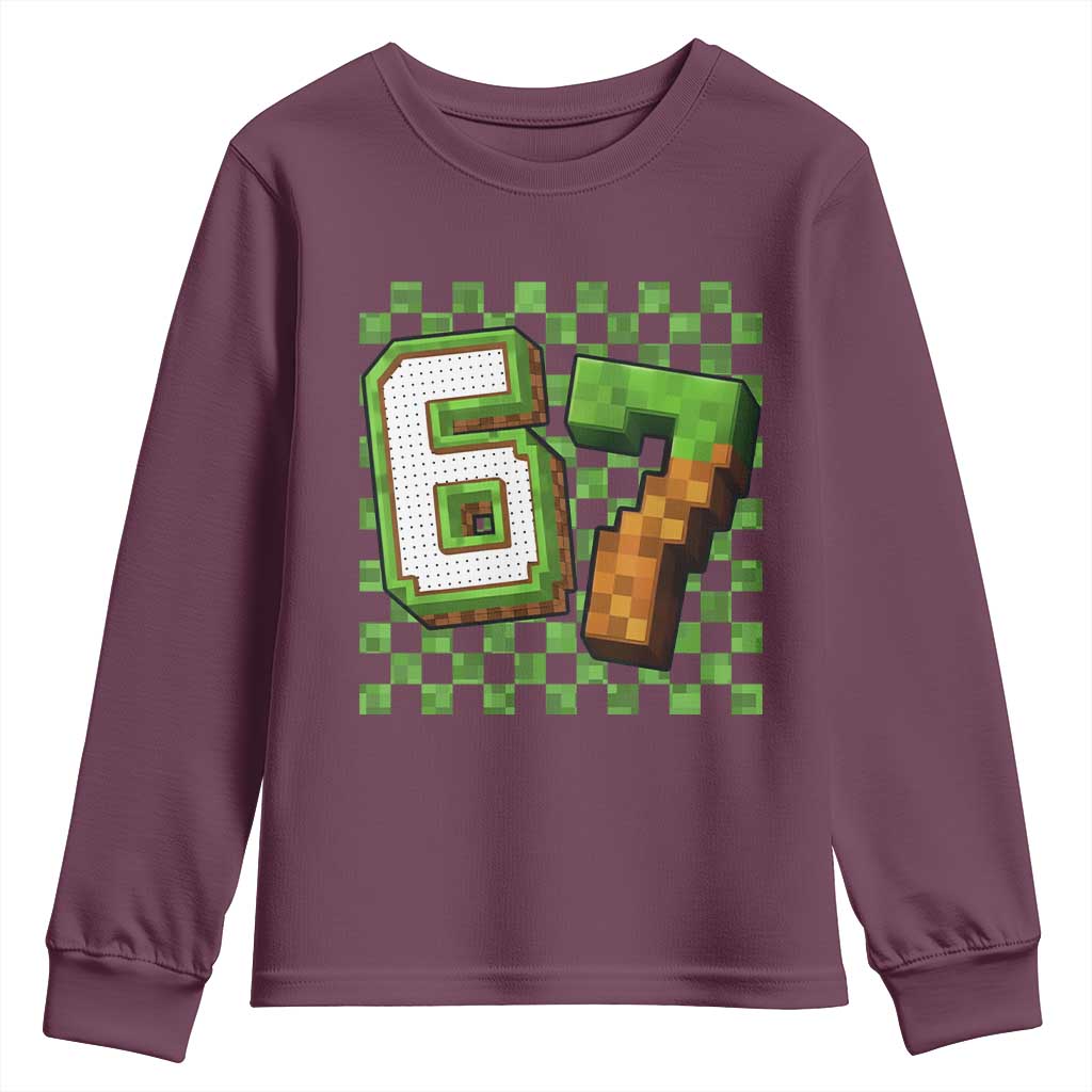 Funny 67 Pixel Style Graphic Youth Sweatshirt Viral Six Seven Meme Gamer TS02 Maroon Print Your Wear