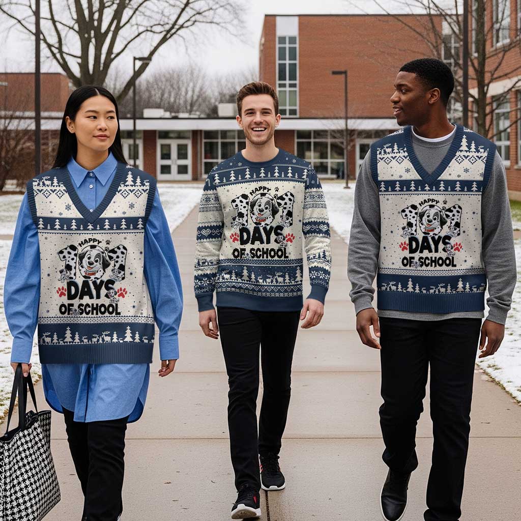 101 Days Of School Dalmatian Dogs V-Neck Knit Sweater Vest Happy 101th Day TS02 Beige Navy Print Your Wear