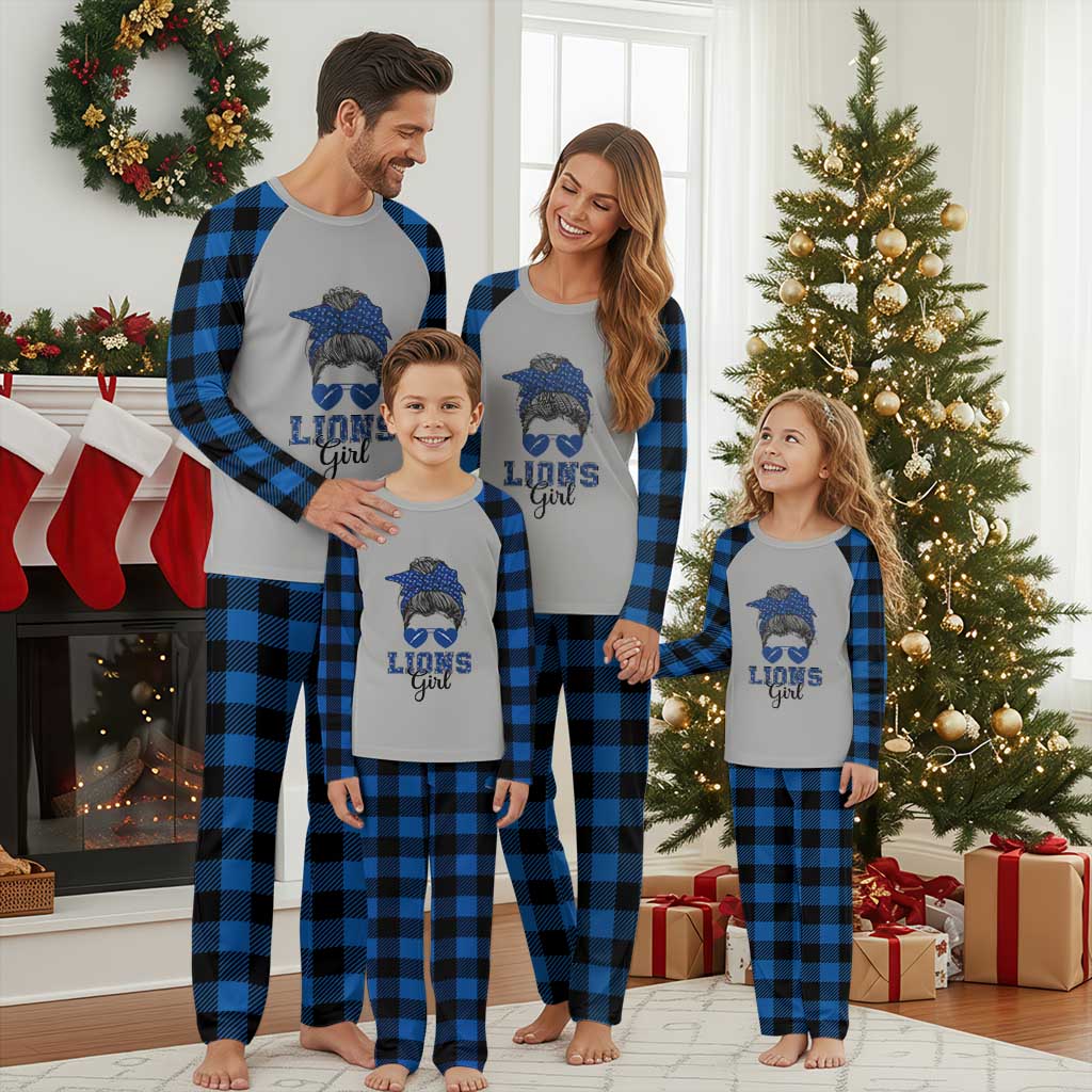 Lions Girl Messy Bun Plaid Pajama Set Funny Sports Fan Team TS02 Blue Plaid Print Your Wear
