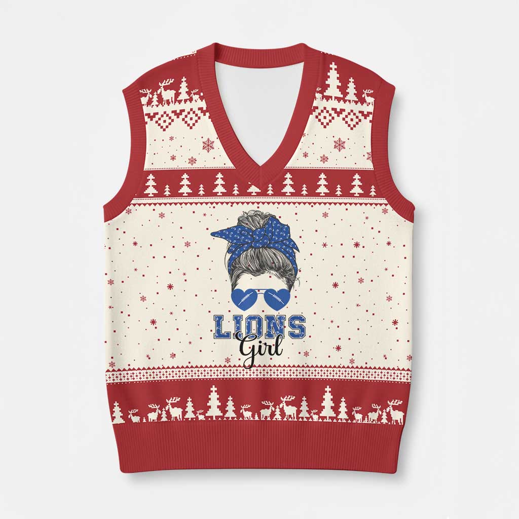 Lions Girl Messy Bun V-Neck Knit Sweater Vest Funny Sports Fan Team TS02 Beige Red Print Your Wear