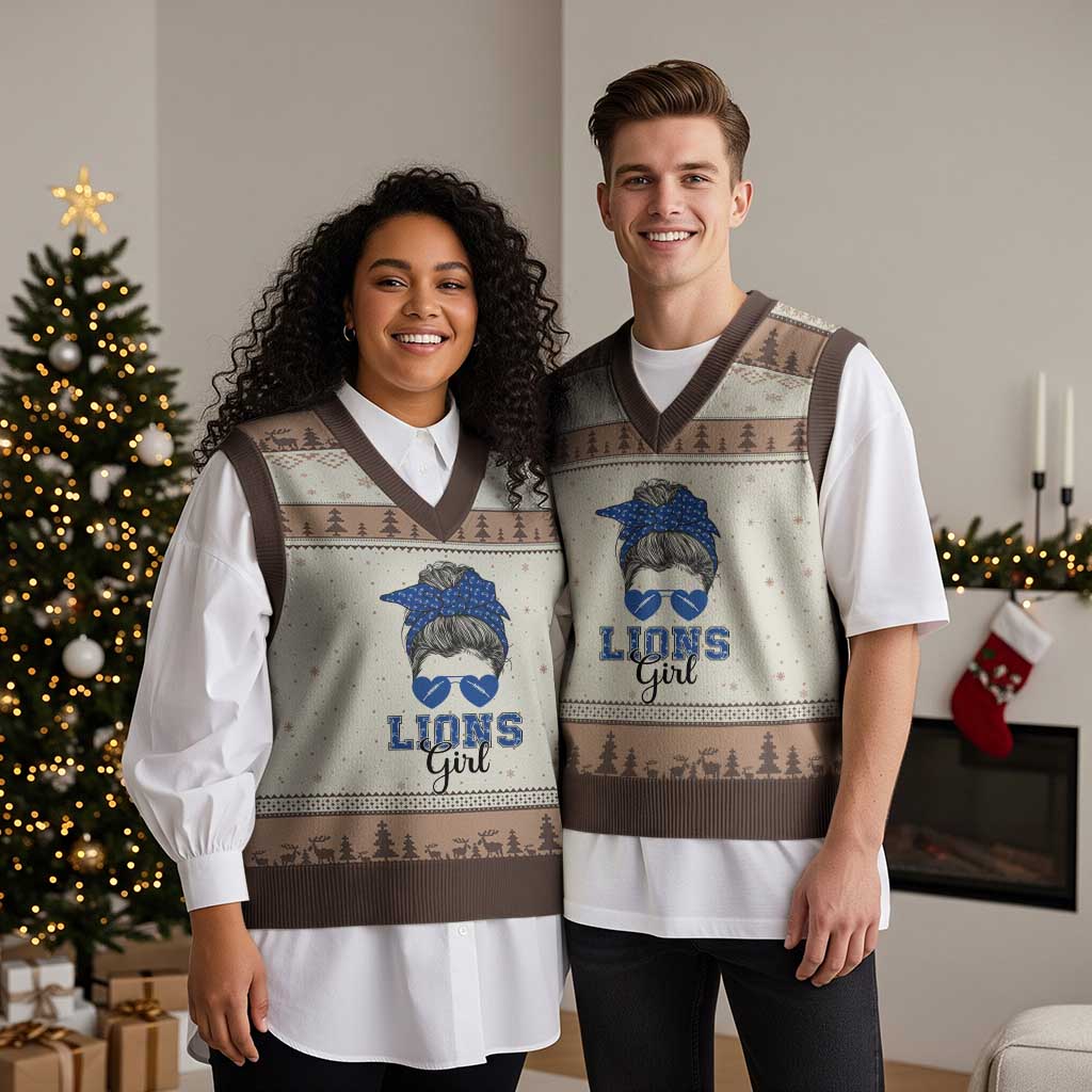 Lions Girl V-Neck Knit Sweater Vest Messy Bun Funny Sports Fan Team TS02 Mocha Mousse Print Your Wear