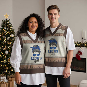 Lions Girl V-Neck Knit Sweater Vest Messy Bun Funny Sports Fan Team TS02 Mocha Mousse Print Your Wear