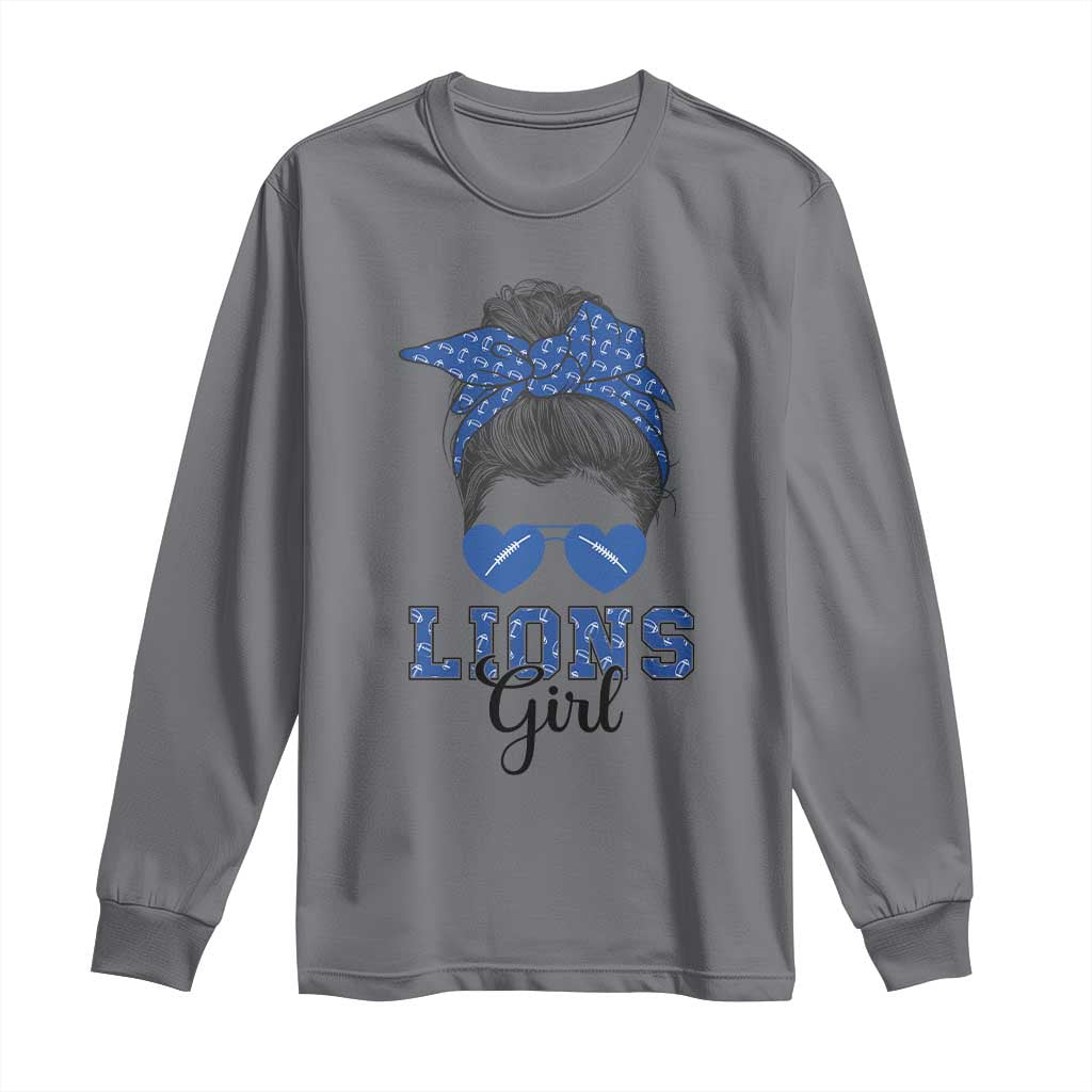 Lions Girl Messy Bun Long Sleeve Shirt Funny Sports Fan Team TS02 Charcoal Print Your Wear