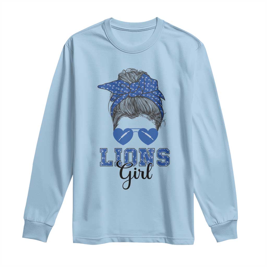Lions Girl Messy Bun Long Sleeve Shirt Funny Sports Fan Team TS02 Light Blue Print Your Wear
