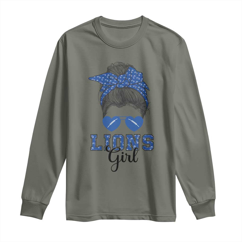 Lions Girl Messy Bun Long Sleeve Shirt Funny Sports Fan Team TS02 Military Green Print Your Wear