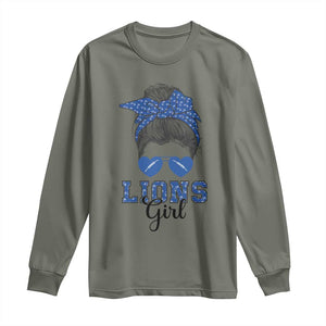 Lions Girl Messy Bun Long Sleeve Shirt Funny Sports Fan Team TS02 Military Green Print Your Wear