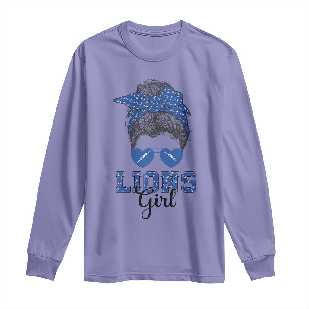 Lions Girl Messy Bun Long Sleeve Shirt Funny Sports Fan Team TS02 Violet Print Your Wear