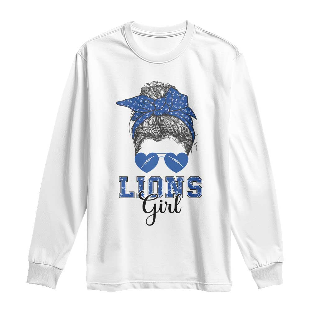 Lions Girl Messy Bun Long Sleeve Shirt Funny Sports Fan Team TS02 White Print Your Wear