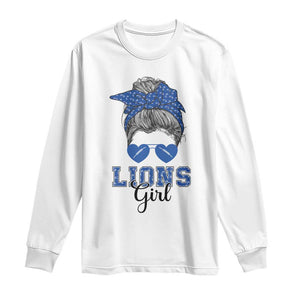 Lions Girl Messy Bun Long Sleeve Shirt Funny Sports Fan Team TS02 White Print Your Wear