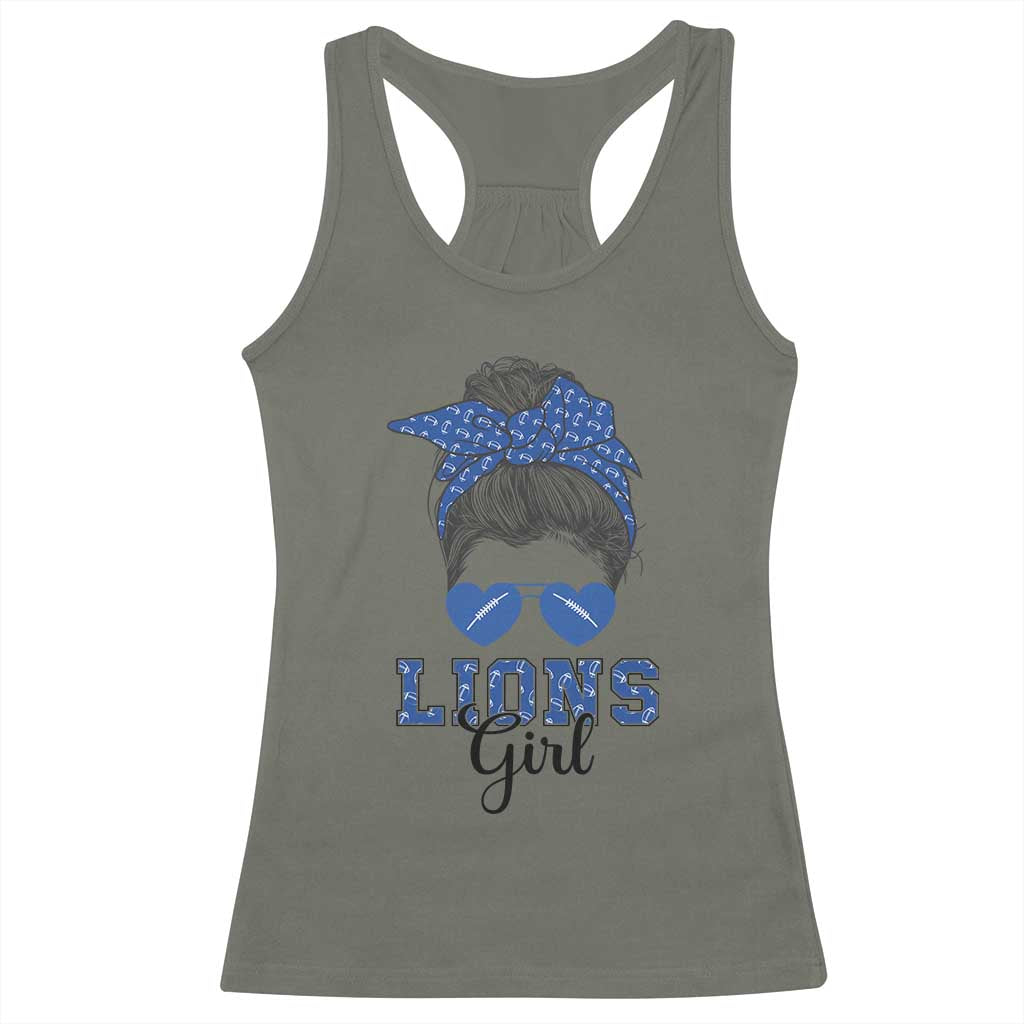 Lions Girl Messy Bun Racerback Tank Top Funny Sports Fan Team TS02 Military Green Print Your Wear