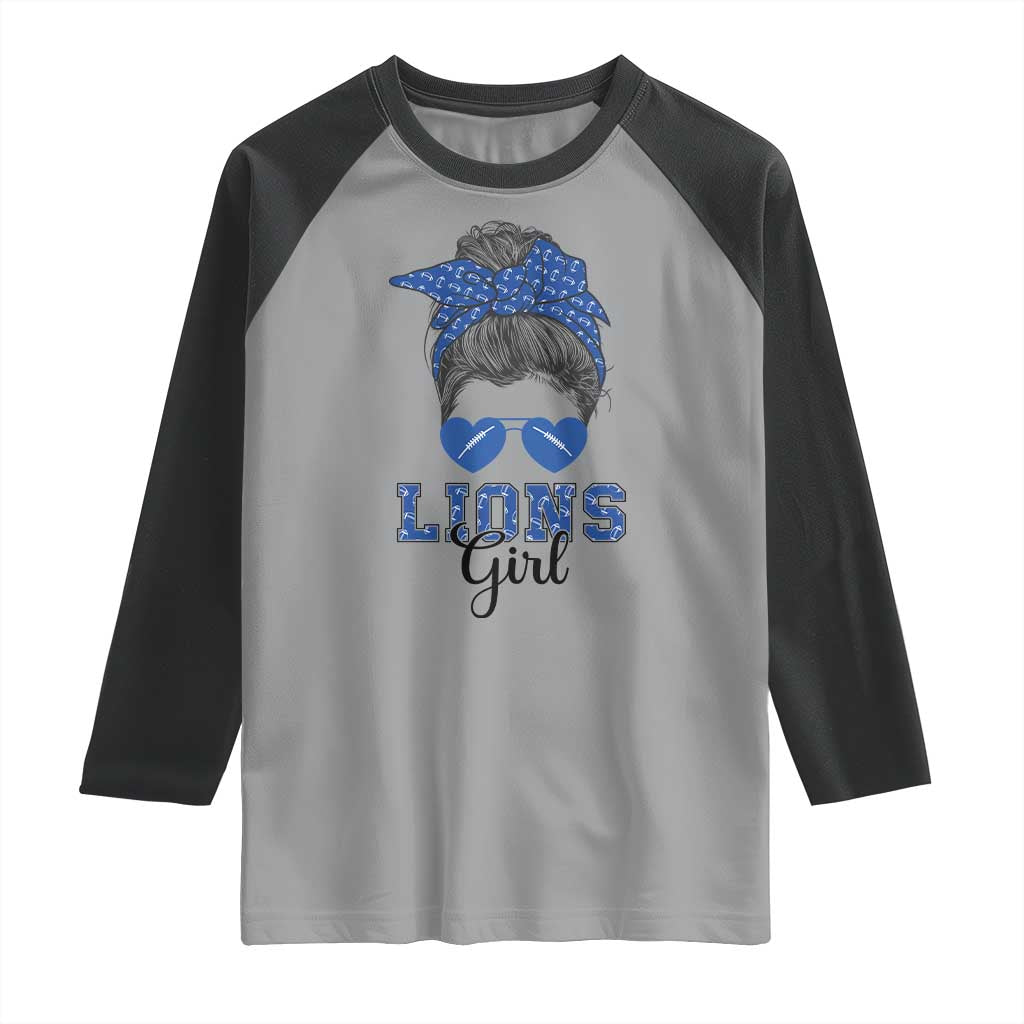 Lions Girl Messy Bun Raglan Shirt Funny Sports Fan Team TS02 Sport Gray Black Print Your Wear