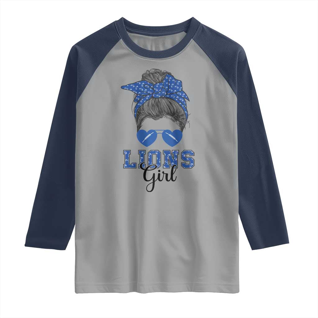 Lions Girl Messy Bun Raglan Shirt Funny Sports Fan Team TS02 Sport Gray Navy Print Your Wear