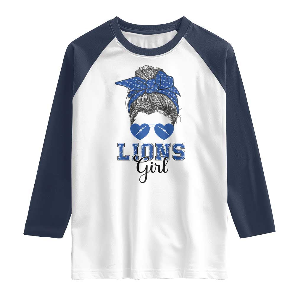 Lions Girl Messy Bun Raglan Shirt Funny Sports Fan Team TS02 White Navy Print Your Wear