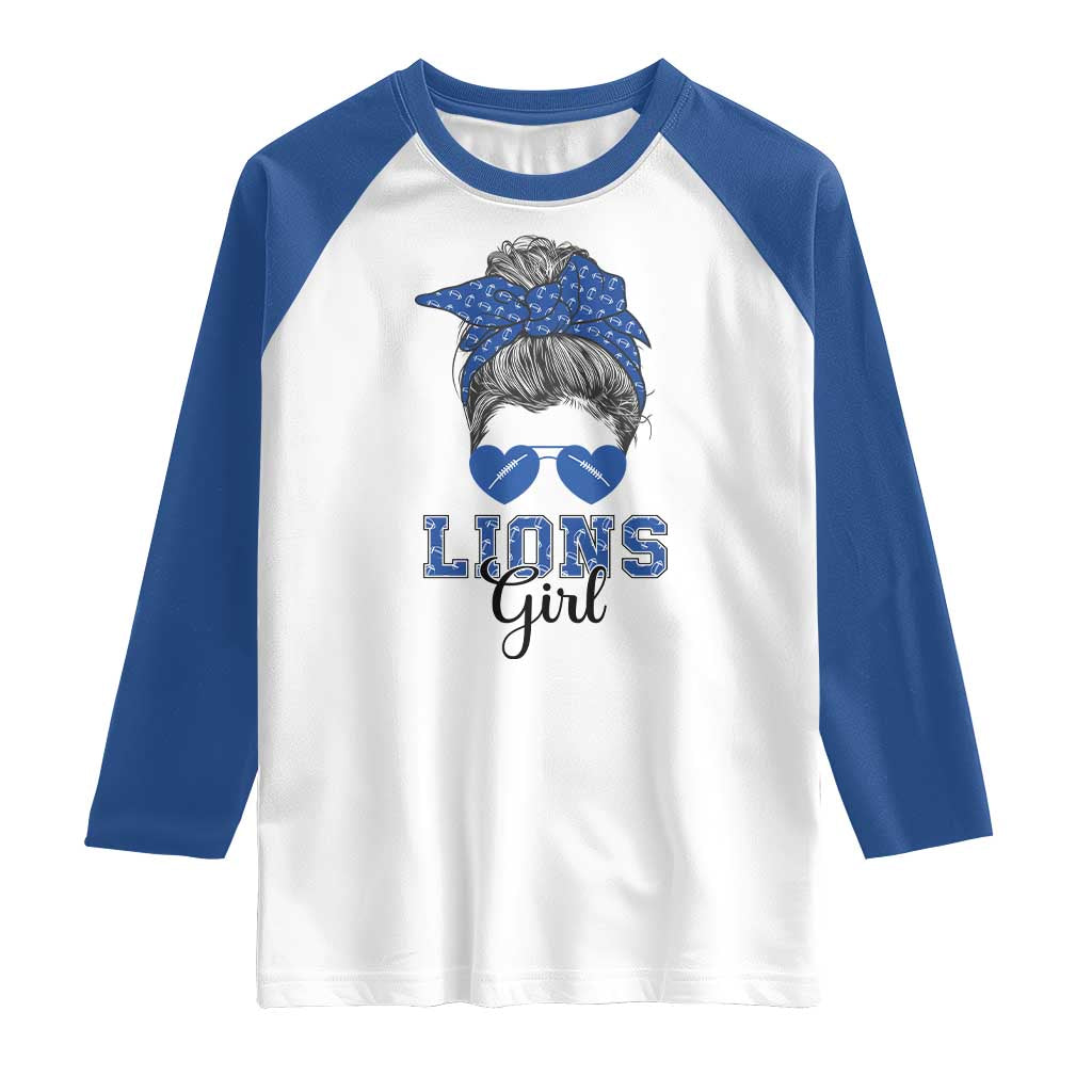 Lions Girl Messy Bun Raglan Shirt Funny Sports Fan Team TS02 White Royal Print Your Wear