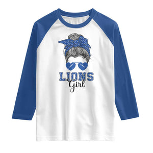 Lions Girl Raglan Shirt Messy Bun Funny Sports Fan Team TS02 White Royal Print Your Wear