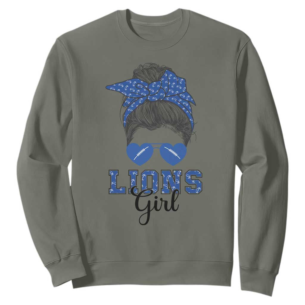 Lions Girl Messy Bun Sweatshirt Funny Sports Fan Team TS02 Military Green Print Your Wear
