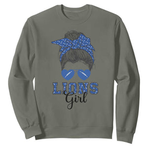 Lions Girl Messy Bun Sweatshirt Funny Sports Fan Team TS02 Military Green Print Your Wear