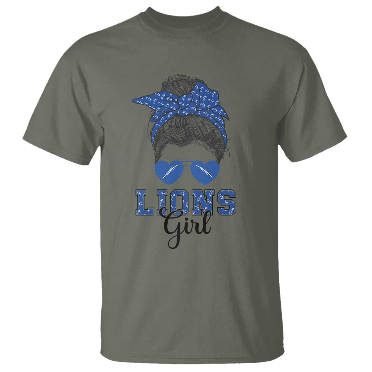 Lions Girl Messy Bun T Shirt Funny Sports Fan Team TS02 Military Green Print Your Wear