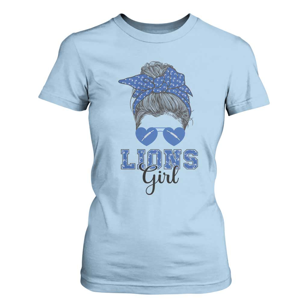 Lions Girl Messy Bun T Shirt For Women Funny Sports Fan Team TS02 Light Blue Print Your Wear