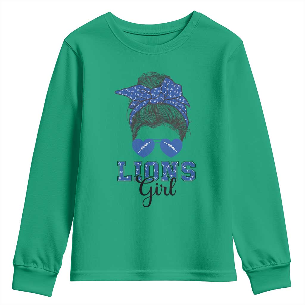 Lions Girl Messy Bun Youth Sweatshirt Funny Sports Fan Team TS02 Irish Green Print Your Wear