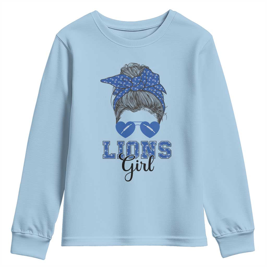 Lions Girl Messy Bun Youth Sweatshirt Funny Sports Fan Team TS02 Light Blue Print Your Wear