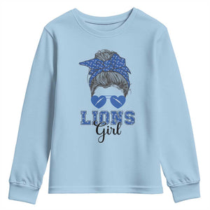 Lions Girl Youth Sweatshirt Messy Bun Funny Sports Fan Team TS02 Light Blue Print Your Wear