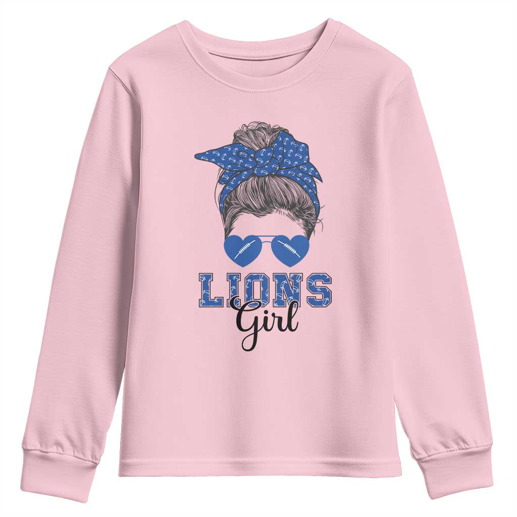 Lions Girl Messy Bun Youth Sweatshirt Funny Sports Fan Team TS02 Light Pink Print Your Wear