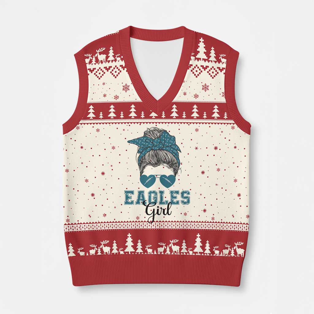 Eagles Girl V-Neck Knit Sweater Vest Messy Bun Funny Sports Fan Team TS02 Beige Red Print Your Wear