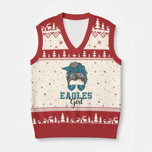 Eagles Girl V-Neck Knit Sweater Vest Messy Bun Funny Sports Fan Team TS02 Beige Red Print Your Wear