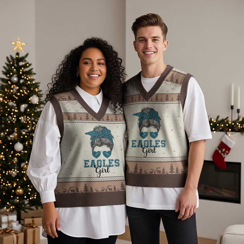 Eagles Girl Messy Bun V-Neck Knit Sweater Vest Funny Sports Fan Team TS02 Mocha Mousse Print Your Wear