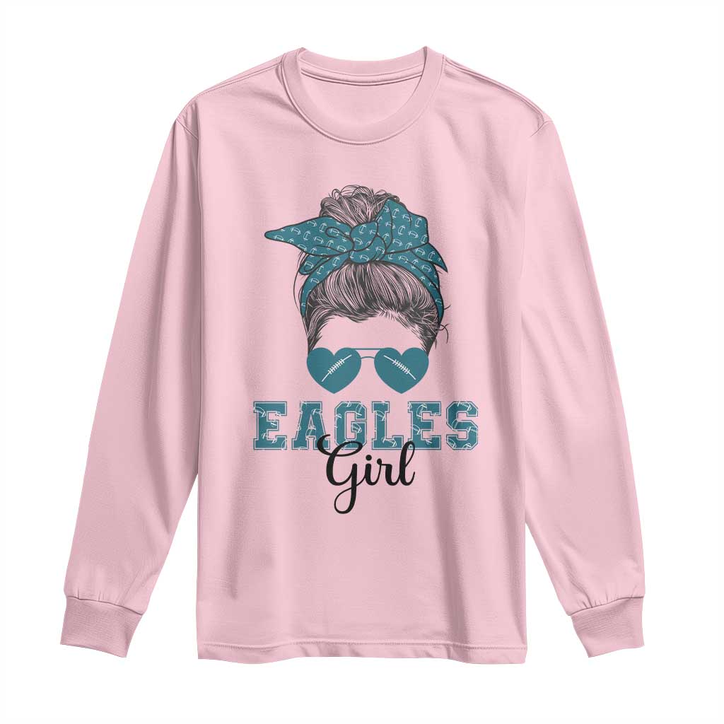 Eagles Girl Messy Bun Long Sleeve Shirt Funny Sports Fan Team TS02 Light Pink Print Your Wear