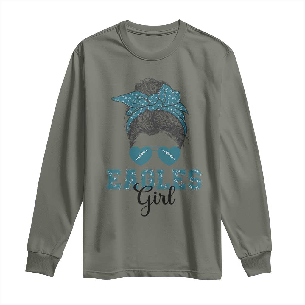 Eagles Girl Messy Bun Long Sleeve Shirt Funny Sports Fan Team TS02 Military Green Print Your Wear