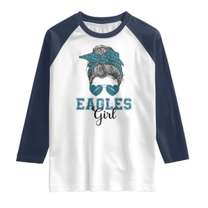 Eagles Girl Messy Bun Raglan Shirt Funny Sports Fan Team TS02 White Navy Print Your Wear