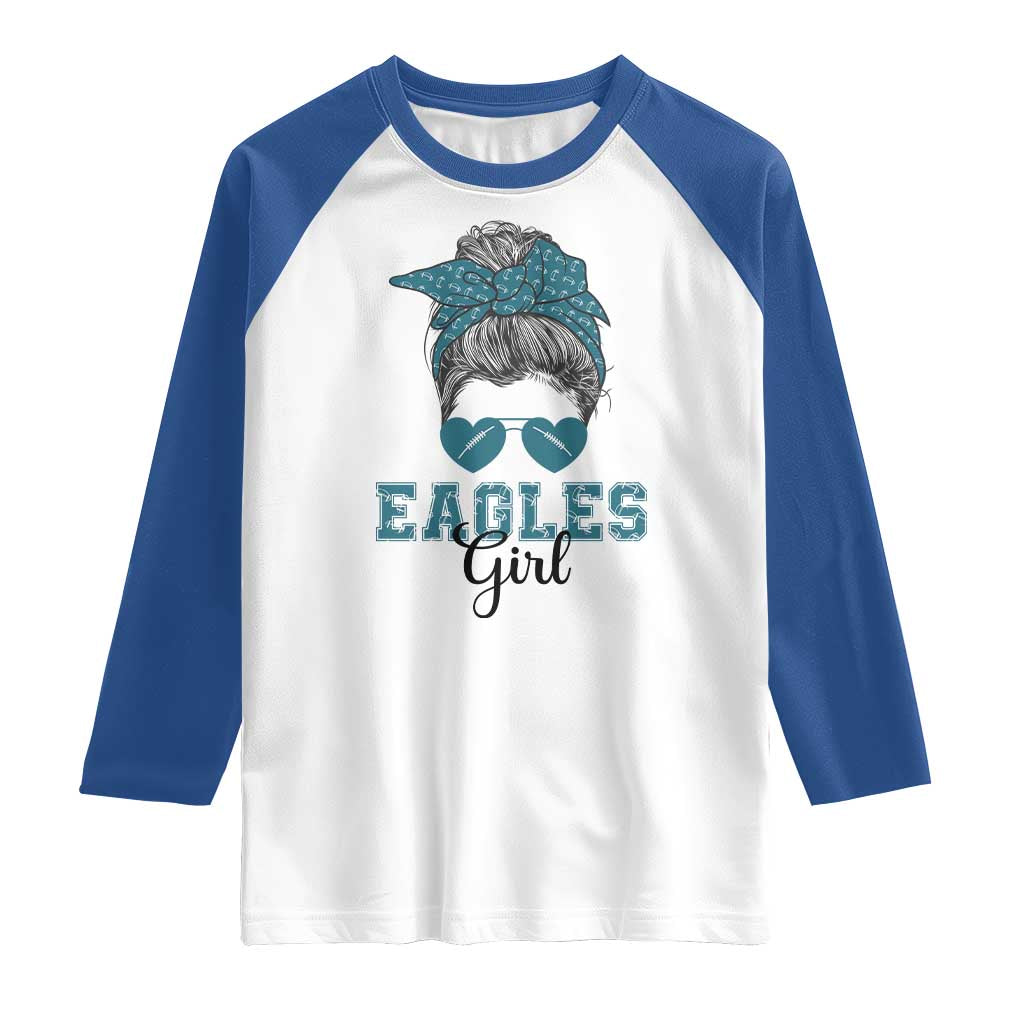 Eagles Girl Messy Bun Raglan Shirt Funny Sports Fan Team TS02 White Royal Print Your Wear