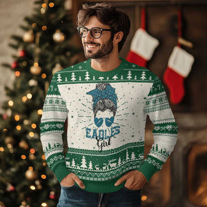 Eagles Girl Knit Sweatshirt Messy Bun Funny Sports Fan Team TS02 Green Print Your Wear