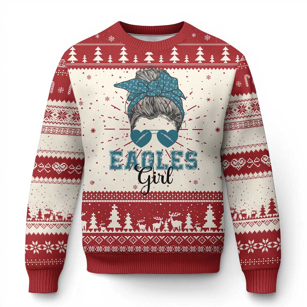 Eagles Girl Knit Sweatshirt Messy Bun Funny Sports Fan Team TS02 Red Print Your Wear