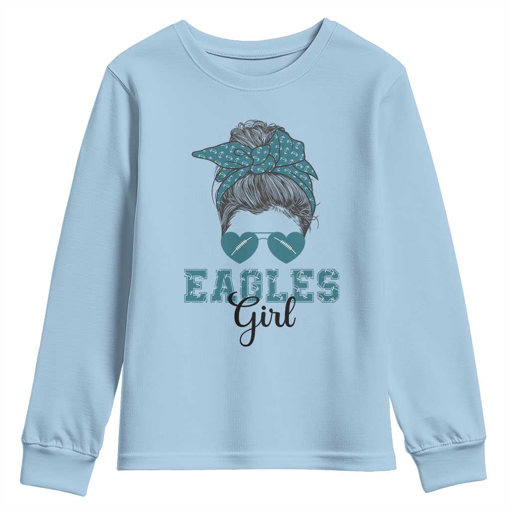 Eagles Girl Messy Bun Youth Sweatshirt Funny Sports Fan Team TS02 Light Blue Print Your Wear