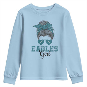 Eagles Girl Youth Sweatshirt Messy Bun Funny Sports Fan Team TS02 Light Blue Print Your Wear