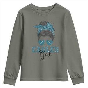Eagles Girl Youth Sweatshirt Messy Bun Funny Sports Fan Team TS02 Military Green Print Your Wear