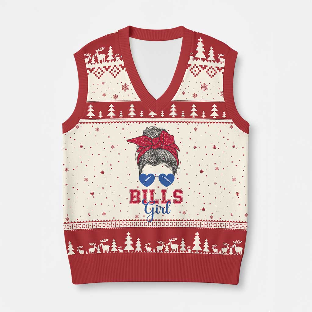 Bills Girl V-Neck Knit Sweater Vest Messy Bun Funny Sports Fan Team TS02 Beige Red Print Your Wear
