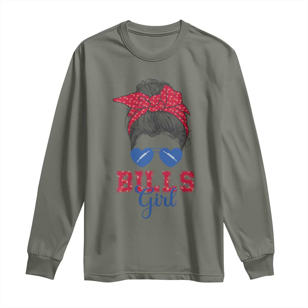 Bills Girl Messy Bun Long Sleeve Shirt Funny Sports Fan Team TS02 Military Green Print Your Wear