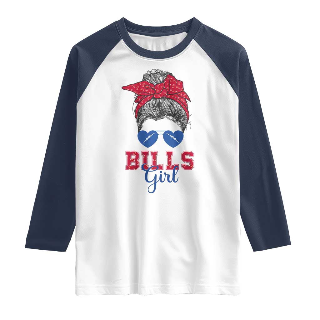 Bills Girl Messy Bun Raglan Shirt Funny Sports Fan Team TS02 White Navy Print Your Wear